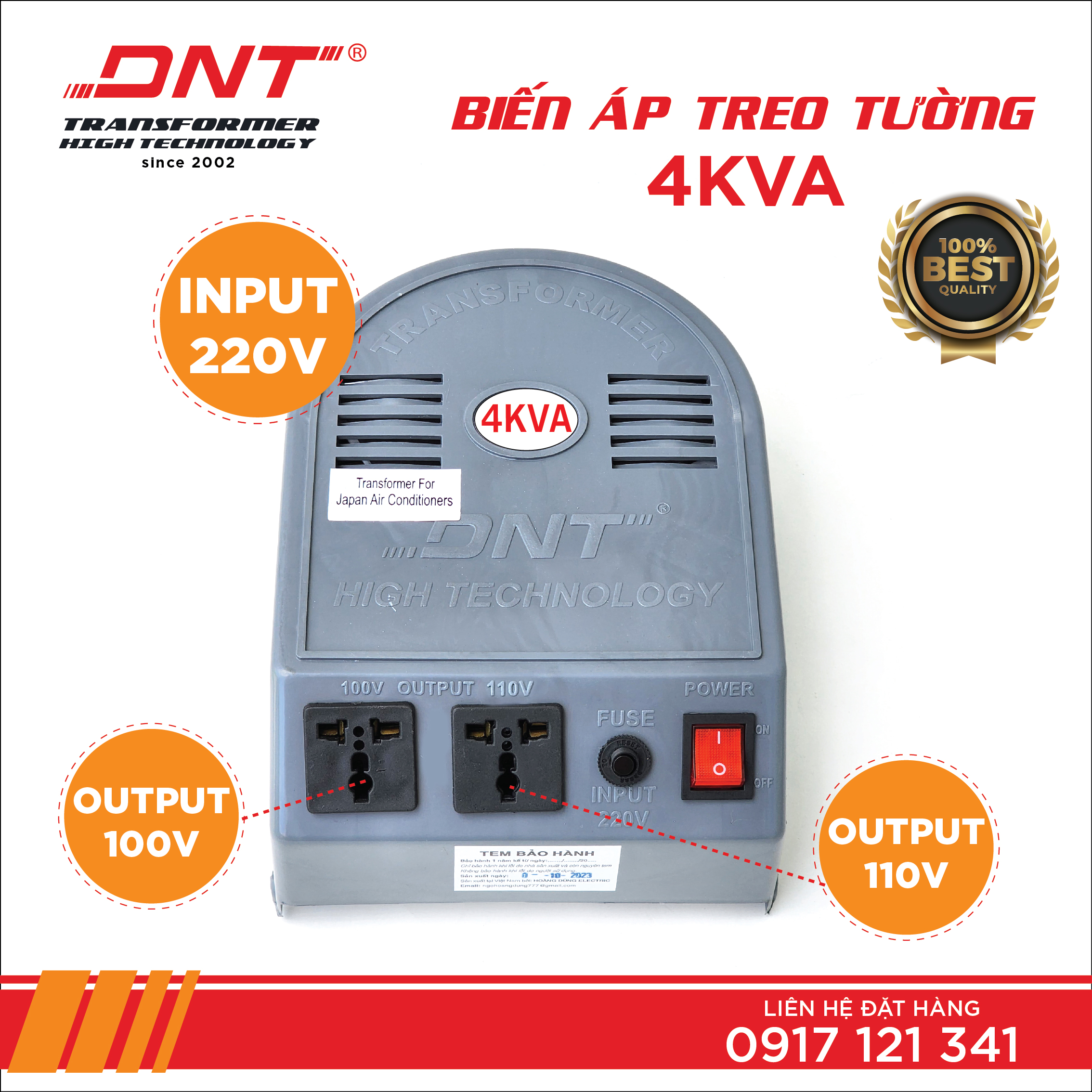 Biến áp 4kva vỏ nhựa xám treo tường 220v ra 100v