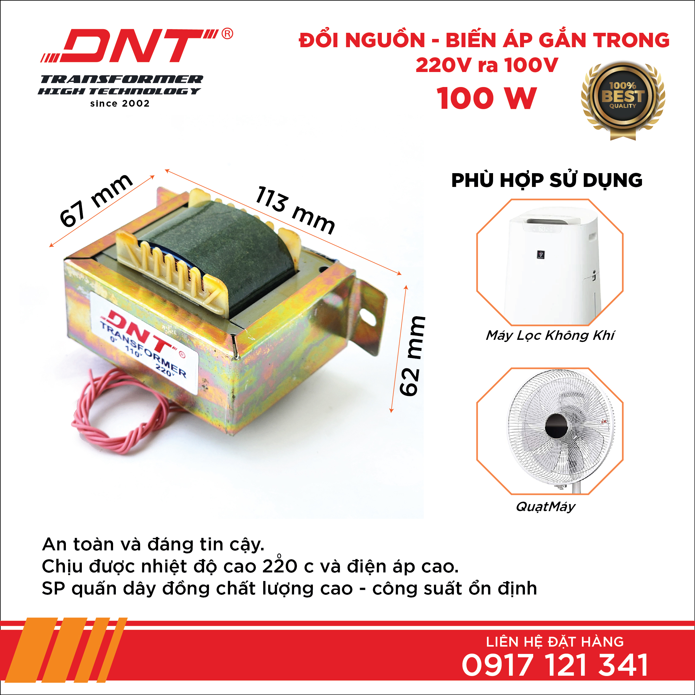 Biến áp 100w-220v ra 100v chuyển nguồn gắn trong fe EI (fe vuông)