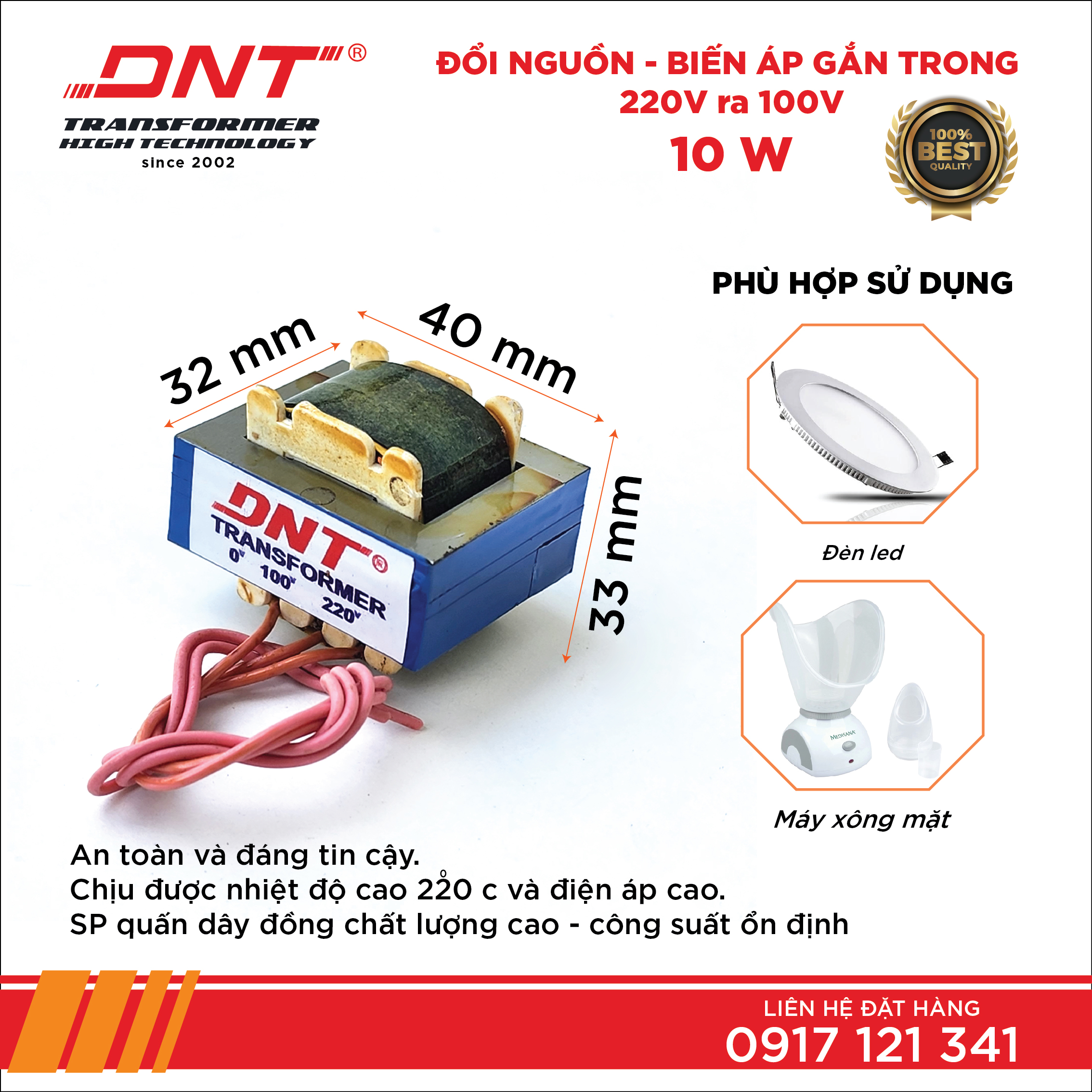 Biến áp 10w-220v ra 100v chuyển nguồn gắn trong fe EI (fe vuông)