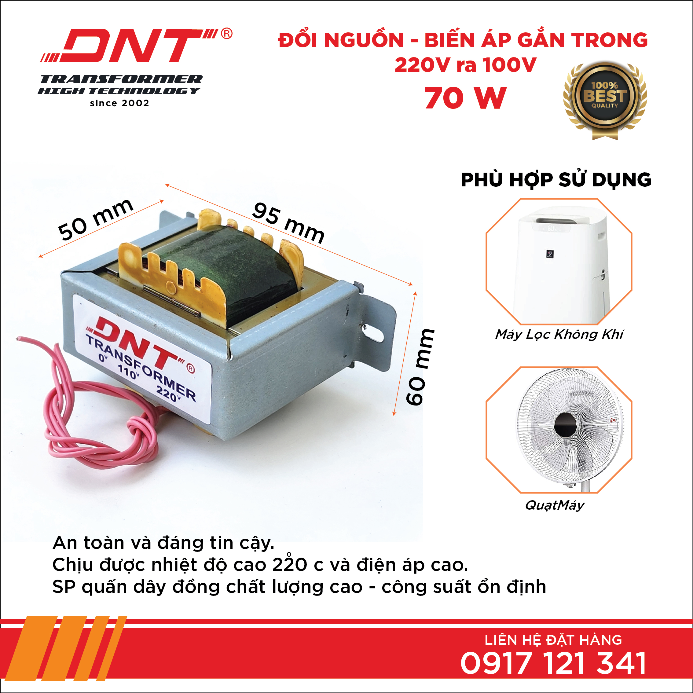 Biến áp 70w-220v ra 100v chuyển nguồn gắn trong fe EI (fe vuông)