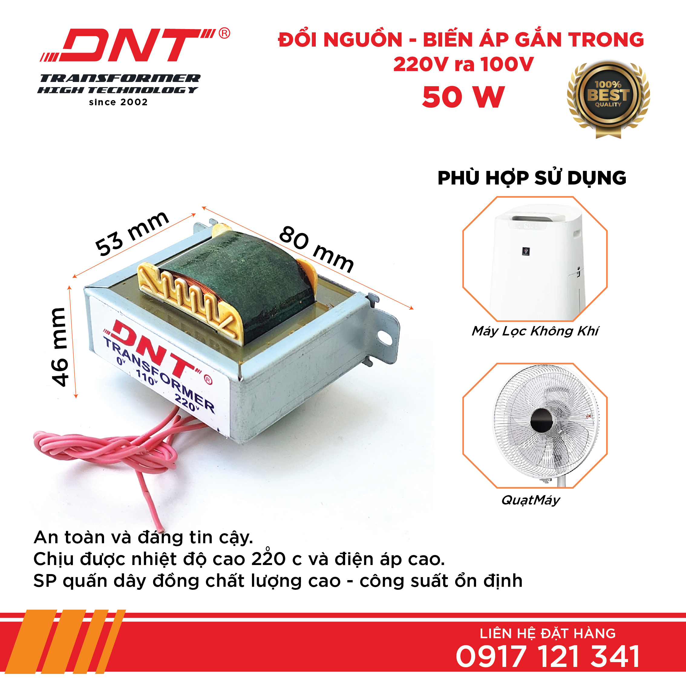 Biến áp 50w-220v ra 100v chuyển nguồn gắn trong fe EI (fe vuông)